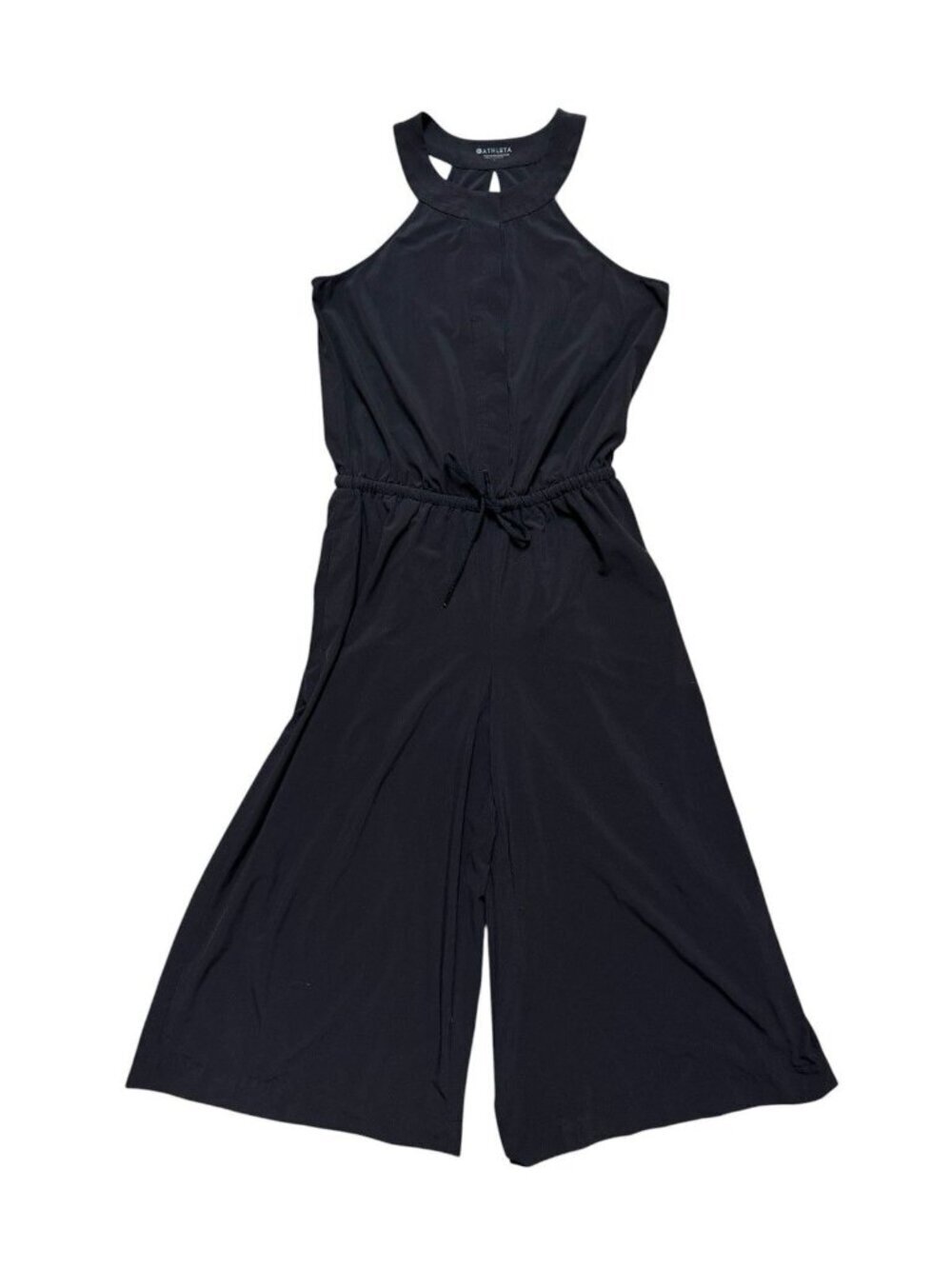 Athleta Black Halter Jumpsuit Open Back Wide Leg Cropped Cinch Waist